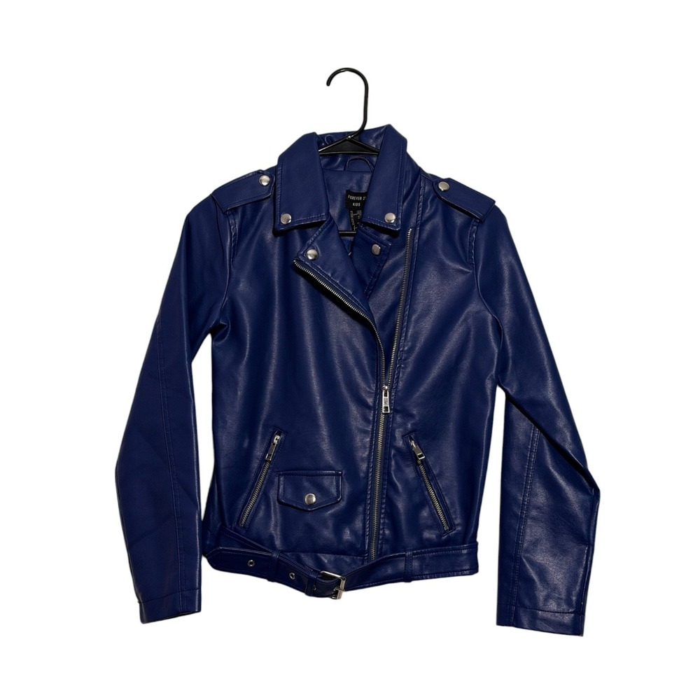 Forever 21 Edgy Moto‎ Biker Jacket Faux Leather Royal Blue Girls Kids Size 13/14